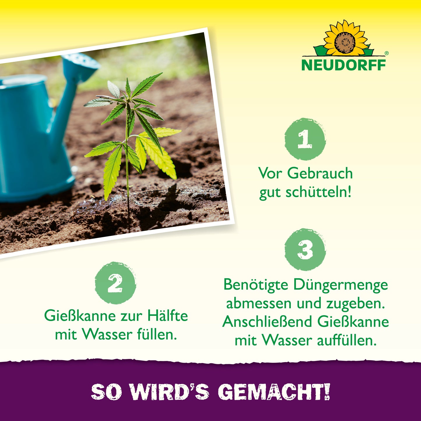 Eine blaue Gießkanne sitzt neben einer kleinen grünen Cannabispflanze in der Erde. Drei deutsche Schritte zum Anbau von Cannabis mit Azet GrowDünger aus dem Neudorff Shop sind abgebildet, dazu das Neudorff-Logo und "SO WIRD'S GEMACHT!" in einem lila Banner darunter.