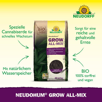 Zobrazené je 20-litrové vrece Neudorff Shop NeudoHum Grow All-Mix so zelenými šípkami a nemeckým textom, ktorý zdôrazňuje vlastnosti ako rýchlu tvorbu kvetov, prirodzené zadržiavanie vody, bohatú úrodu a bio- a vegánstvo.
