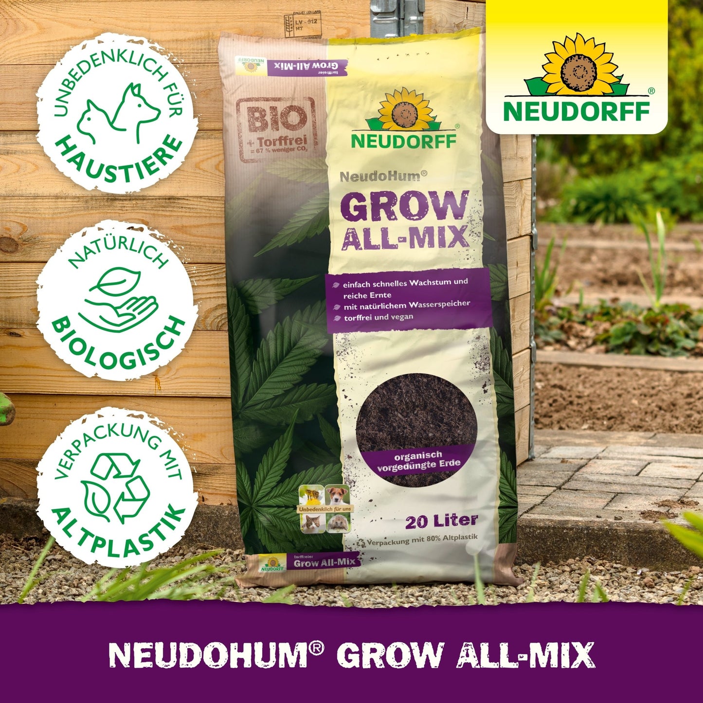20-litrové vrece NeudoHum Grow All-Mix od Neudorff Shop je zobrazené vonku. Balenie zdôrazňuje bezpečnosť domácich zvierat, biologické zložky a recyklovaný plast, čo ho robí ideálnym pre pestovanie konope a podporuje zdravé kvitnutie.