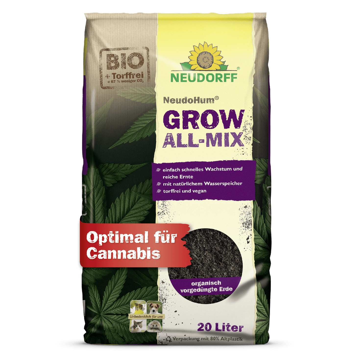 20-litrové vrece Neudorff Shop NeudoHum Grow All-Mix-Zeme je zobrazené v hnedom, fialovom a žltom balení s nápisom "Optimálne pre konope", ktoré zdôrazňuje rýchly rast, organickú zmes a zlepšenú tvorbu kvetov s listami konope.