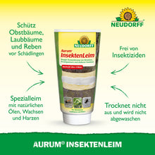 Jedna tuba Aurum InsektenLeim od Neudorff Shop stojí vzpriamene a nesie nemecký text o ochrane ovocných stromov pred mravcami a zimnými mory. Na zeleno-žltom pozadí je hore vidieť logo Neudorff.