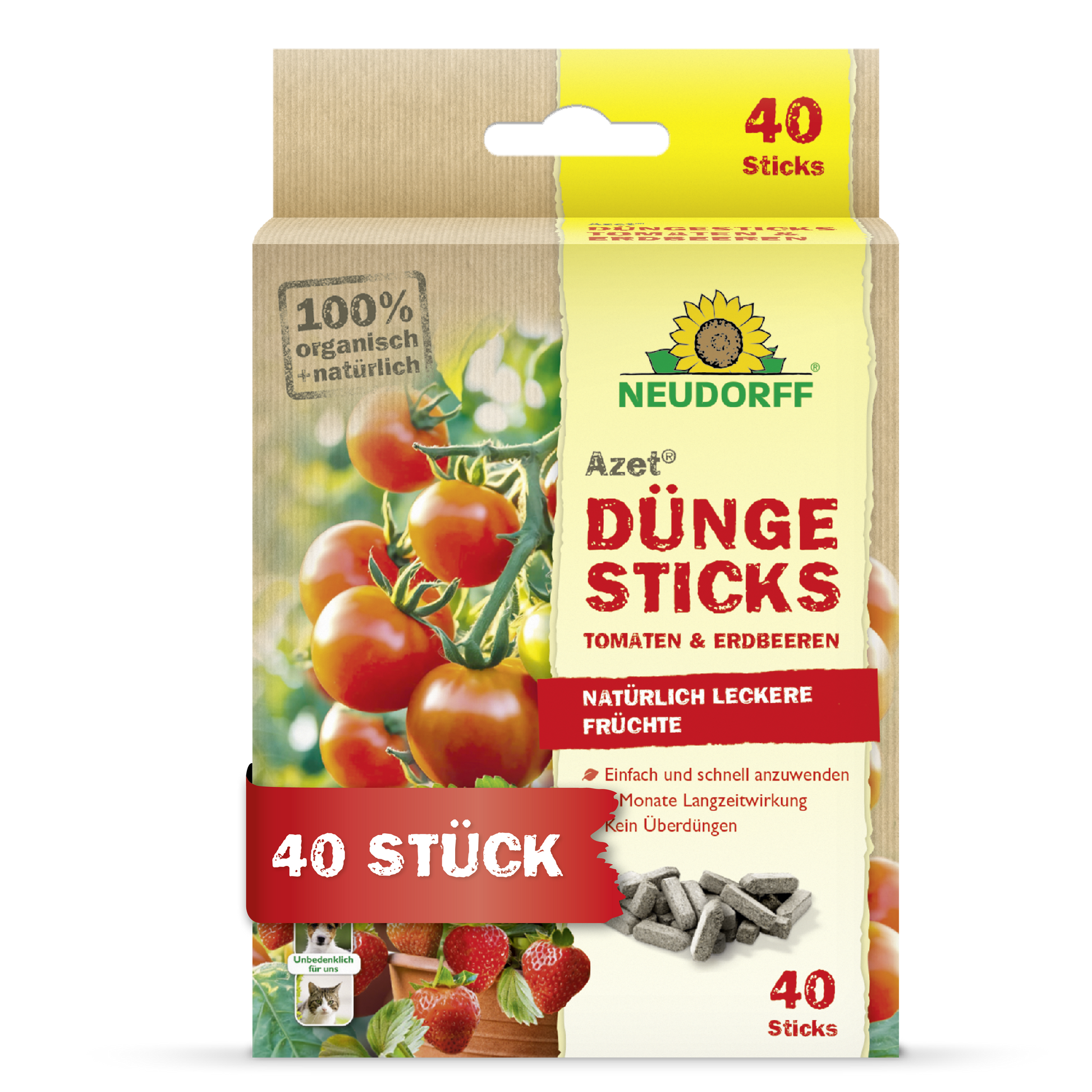 Der Neudorff Shop Azet Düngesticks für Tomaten & Erdbeeren ist ein 100% biologisches und natürliches Produkt mit 40 Sticks in einer rechteckigen Schachtel, die mit Tomaten- und Erdbeermotiven verziert ist.