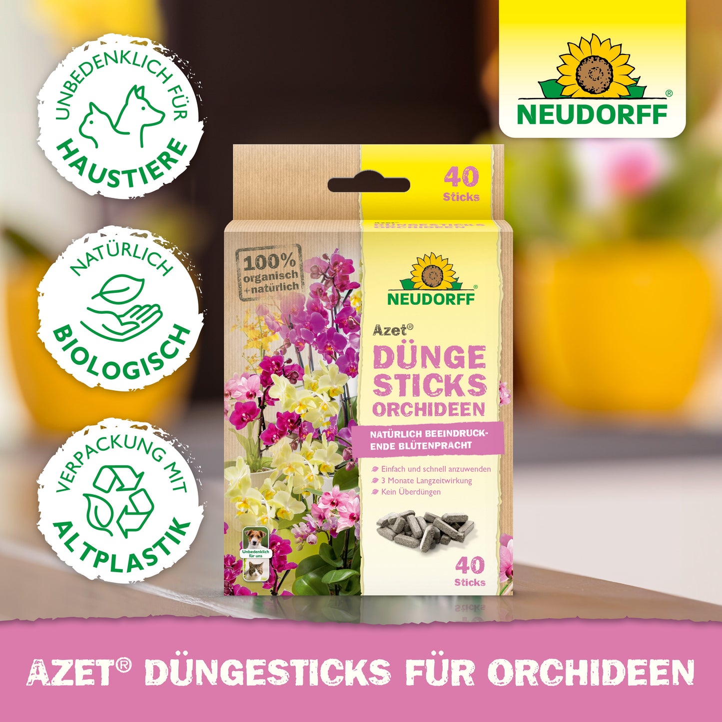 Eine Schachtel Neudorff Shop Azet Düngesticks für Orchideen ist mit 40 Sticks, Bio-Zertifizierungssymbolen, exotischen Blüten und blühenden Orchideen auf der Verpackung sowie umweltfreundlichen Symbolen abgebildet.
