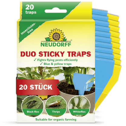 Krabica s Neudorff Shop Duo lepiacimi pascami pre ekologické poľnohospodárstvo, s obrázkami rastlín a hmyzu na prednej strane. Obsahuje 20 modrých a žltých pascí na chytanie strapiek, pričom obe farby pascí sú zobrazené vedľa krabice.