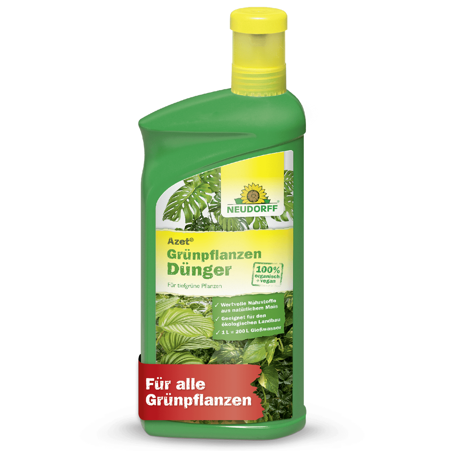 Zelená plastová fľaša od Neudorff Shop Azet GrünpflanzenDünger tekutý so žltým uzáverom. Na etikete sú bujné zelené rastliny a nemecký text, ktorý ukazuje, že ide o hnojivo, ktoré poskytuje dôležité živiny na podporu zdravých zelených rastlín.