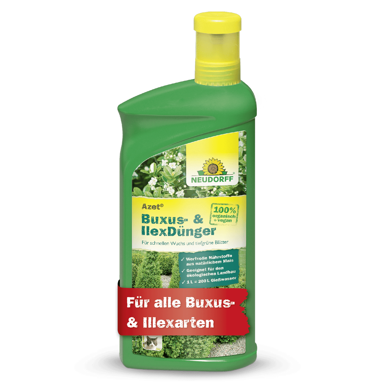 Neudorff Shop Azet Buxus- & Ilex hnojivo tekuté fľaša z zeleného plastu so žltým uzáverom, ideálne pre vždyzelené črepníkové rastliny. Na etikete sú zobrazené zelené rastliny a červený nápis: "Pre všetky druhy krušpánu & cezmíny."