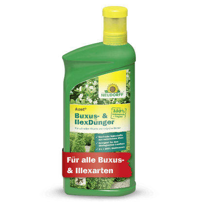 Neudorff Shop Azet Buxus- & Ilex hnojivo tekuté fľaša z zeleného plastu so žltým uzáverom, ideálne pre vždyzelené črepníkové rastliny. Na etikete sú zobrazené zelené rastliny a červený nápis: "Pre všetky druhy krušpánu & cezmíny."