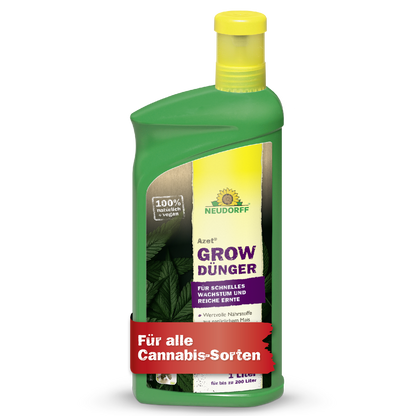 Die grüne Neudorff Shop Azet GrowDünger-Flasche mit gelber Kappe steht für schnelles Wachstum und reiche Ernte und trägt den roten Schriftzug "Für alle Cannabis-Sorten" - perfekt für den erfolgreichen Cannabis-Anbau.