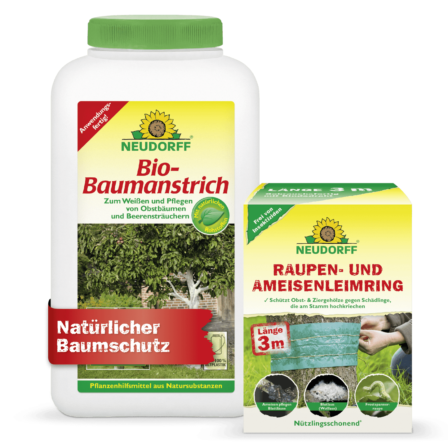 Súprava na ochranu stromov Neudorff Shop sa vyznačuje charakteristickým zeleno-žltým brandingom. Na fľaši s bio-náterom na stromy aj na dóze s lepiacim pásikom proti húseniciam a mravcom sa nachádzajú motívy stromov, ktoré sú opatrené zelenou lepiacou páskou na ochranu stromov.