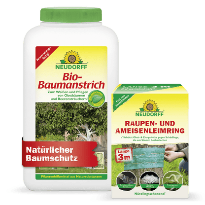 Súprava na ochranu stromov Neudorff Shop sa vyznačuje charakteristickým zeleno-žltým brandingom. Na fľaši s bio-náterom na stromy aj na dóze s lepiacim pásikom proti húseniciam a mravcom sa nachádzajú motívy stromov, ktoré sú opatrené zelenou lepiacou páskou na ochranu stromov.