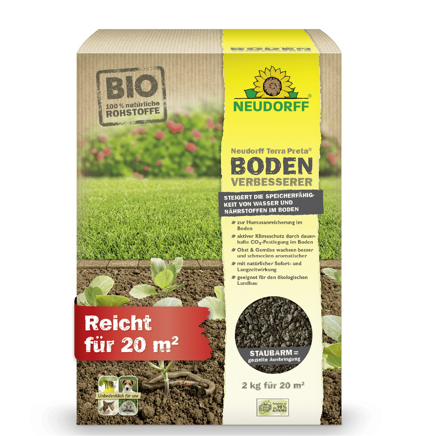 2 kg Terra Preta zlepšovač pôdy od Neudorff Shop pokrýva 20 m² a je ideálny na zlepšenie trávnikov, ovocných a zeleninových pôd. Nemecké balenie zobrazuje sadenice, zeminu, BIO certifikáciu a symbol nízkeho prachu.