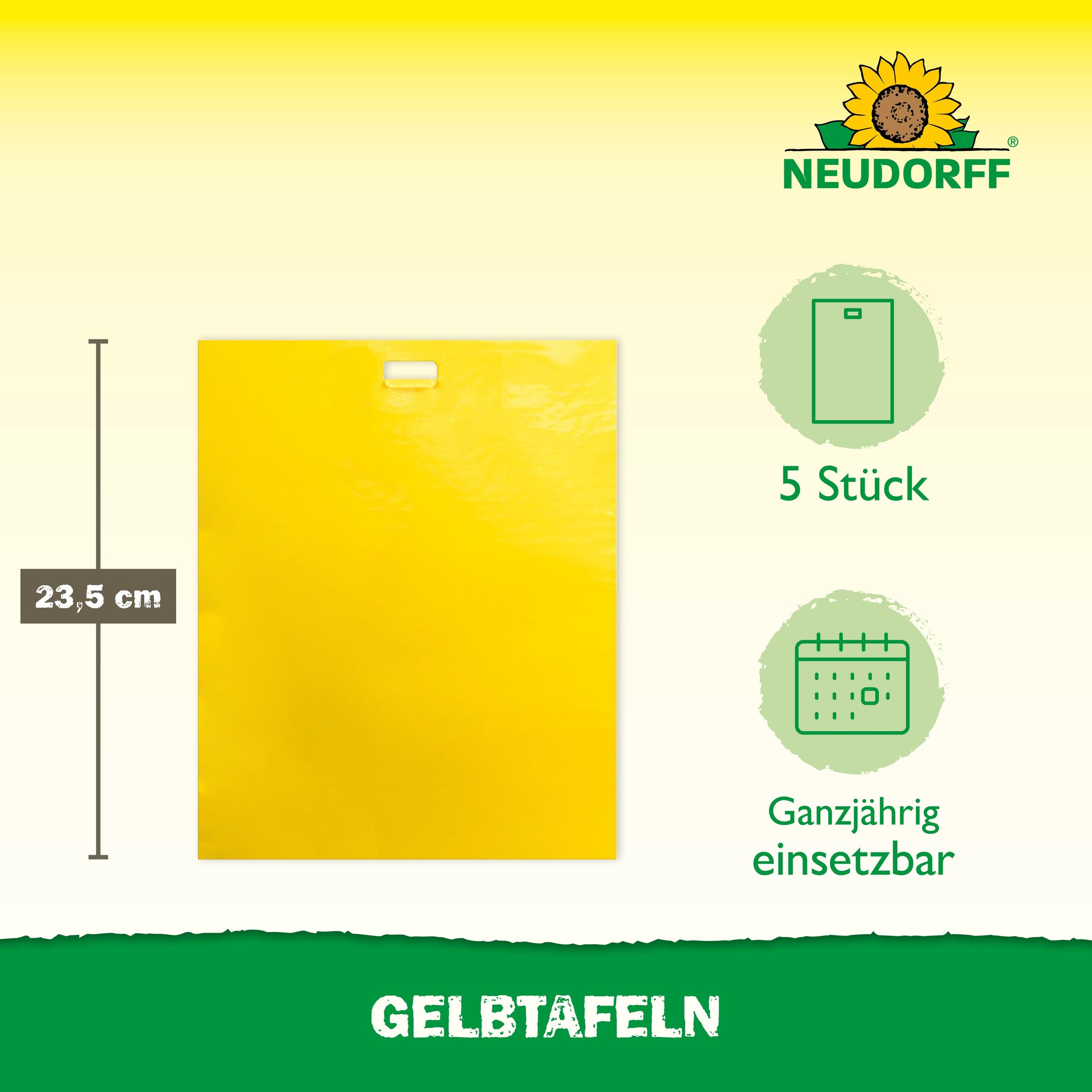 Abgebildet ist eine 23,5 cm gelbe Gelbtafel (großformatig) aus dem Neudorff Shop für den Gewächshausgebrauch. Packung mit 5 Stück, ganzjährig geeignet. Sonnenblumen-Logo oben rechts; "Gelbtafeln" unten gegen Pflanzenschädlinge.