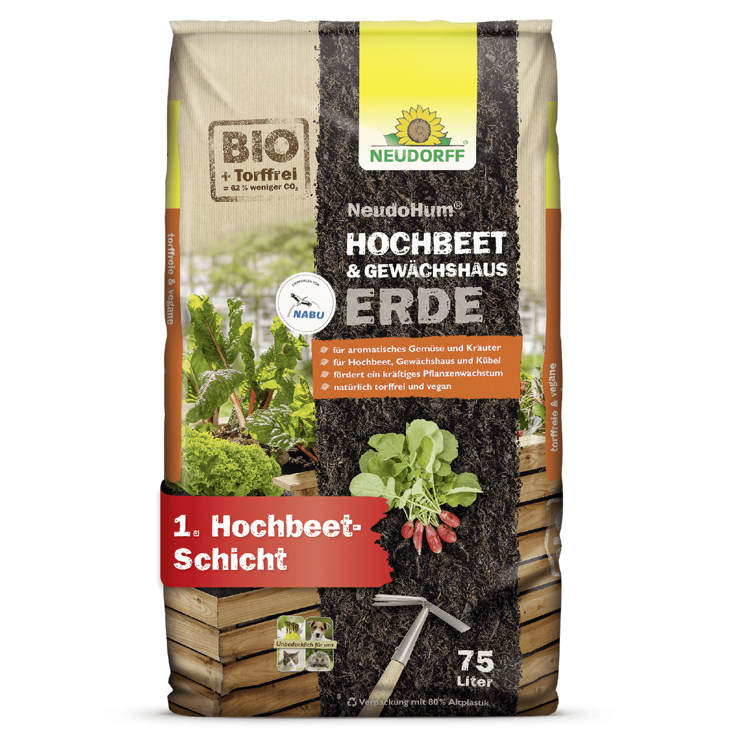 75-litrové vrece NeudoHum Hochbeet & GewächshausErde od Neudorff Shop, humusová zemina a pestovateľský substrát pre vyvýšené záhony a skleníky. Balenie zobrazuje zeleninu, vrstvy pôdy a detaily produktu v nemeckom jazyku.