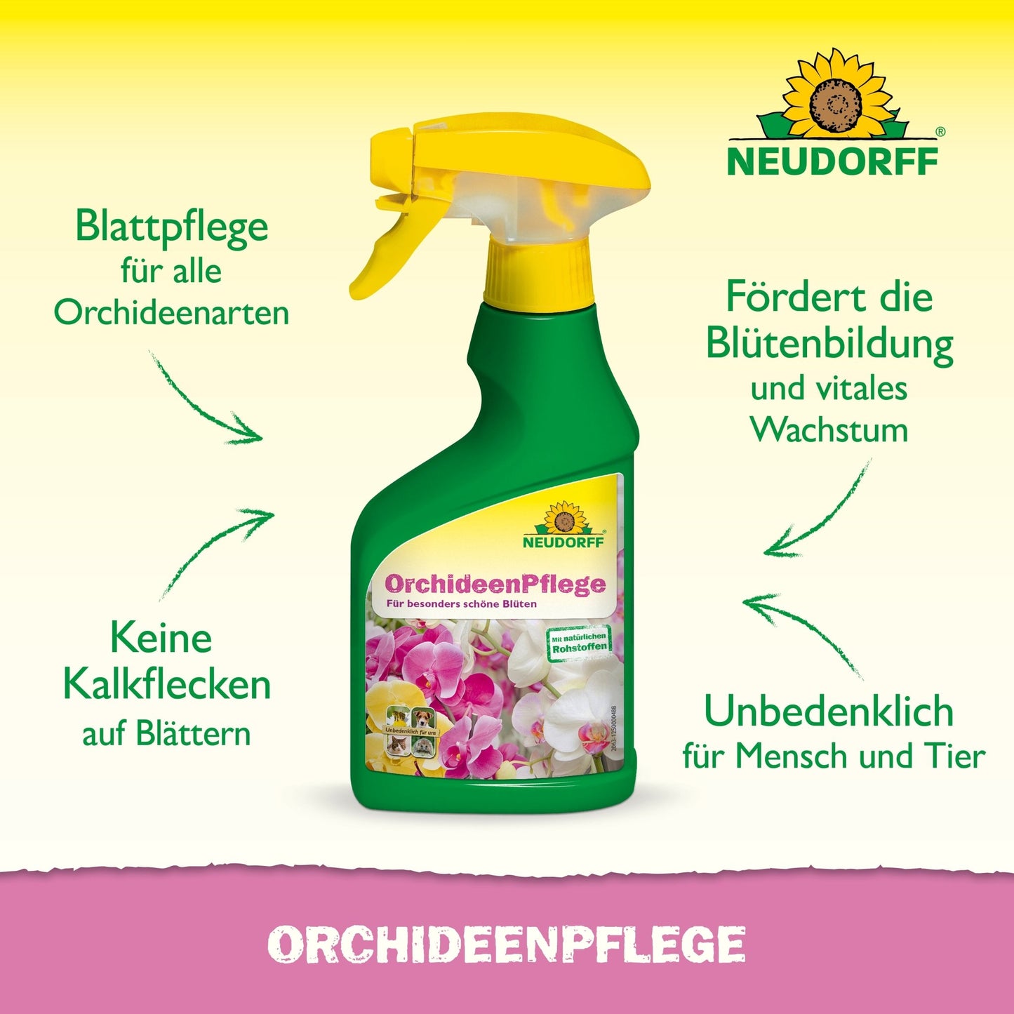 Zobrazená je zeleno-žltá rozprašovacia fľaša s nápisom "OrchideenPflege" od Neudorff Shop. Nemecké šípky zdôrazňujú jej výhody: ideálna starostlivosť o orchidey, žiadne vápenaté škvrny, podporuje kvitnutie a je bezpečná pre všetky listy orchideí.