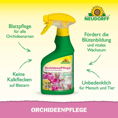 Zobrazená je zeleno-žltá rozprašovacia fľaša s nápisom "OrchideenPflege" od Neudorff Shop. Nemecké šípky zdôrazňujú jej výhody: ideálna starostlivosť o orchidey, žiadne vápenaté škvrny, podporuje kvitnutie a je bezpečná pre všetky listy orchideí.