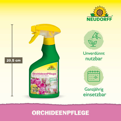 Neudorff Shop OrchideenPflege prichádza v zelenej rozprašovacej fľaši so žltým uzáverom a bielym nápisom, ideálna na aplikáciu prostriedkov na rastliny, aby vaše orchidey zostali zdravé a silné.
