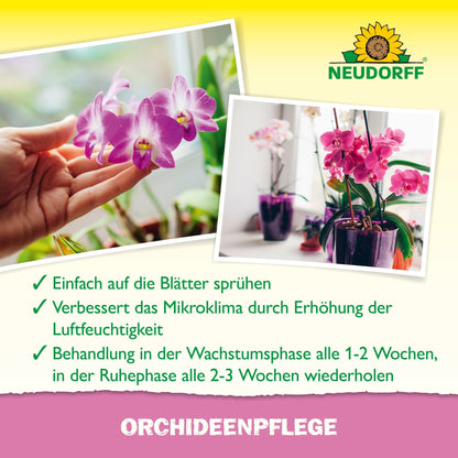 Ruka rozprašuje orchideu s OrchideenPflege od Neudorff Shop. Nemecký text odporúča pravidelné rozprašovanie týmto produktom ako prostriedok starostlivosti o rastliny, aby sa zvýšila vlhkosť vzduchu a podporilo zdravie orchideí. Na fotografii je v pozadí zobrazená orchidea.