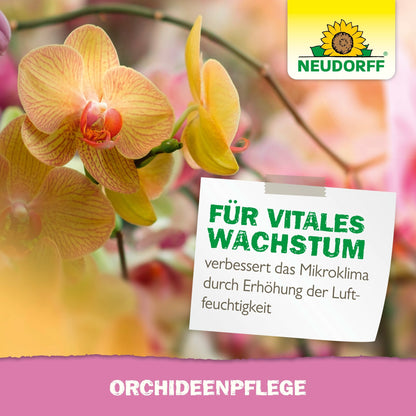 Niekoľko žlto-oranžových kvitnúcich orchideí je vidieť zblízka. Nemecký nápis propaguje OrchideenPflege od Neudorff Shop a zdôrazňuje zlepšený rast a zvýšenú vlhkosť. Logo Neudorff sa objavuje vpravo hore.