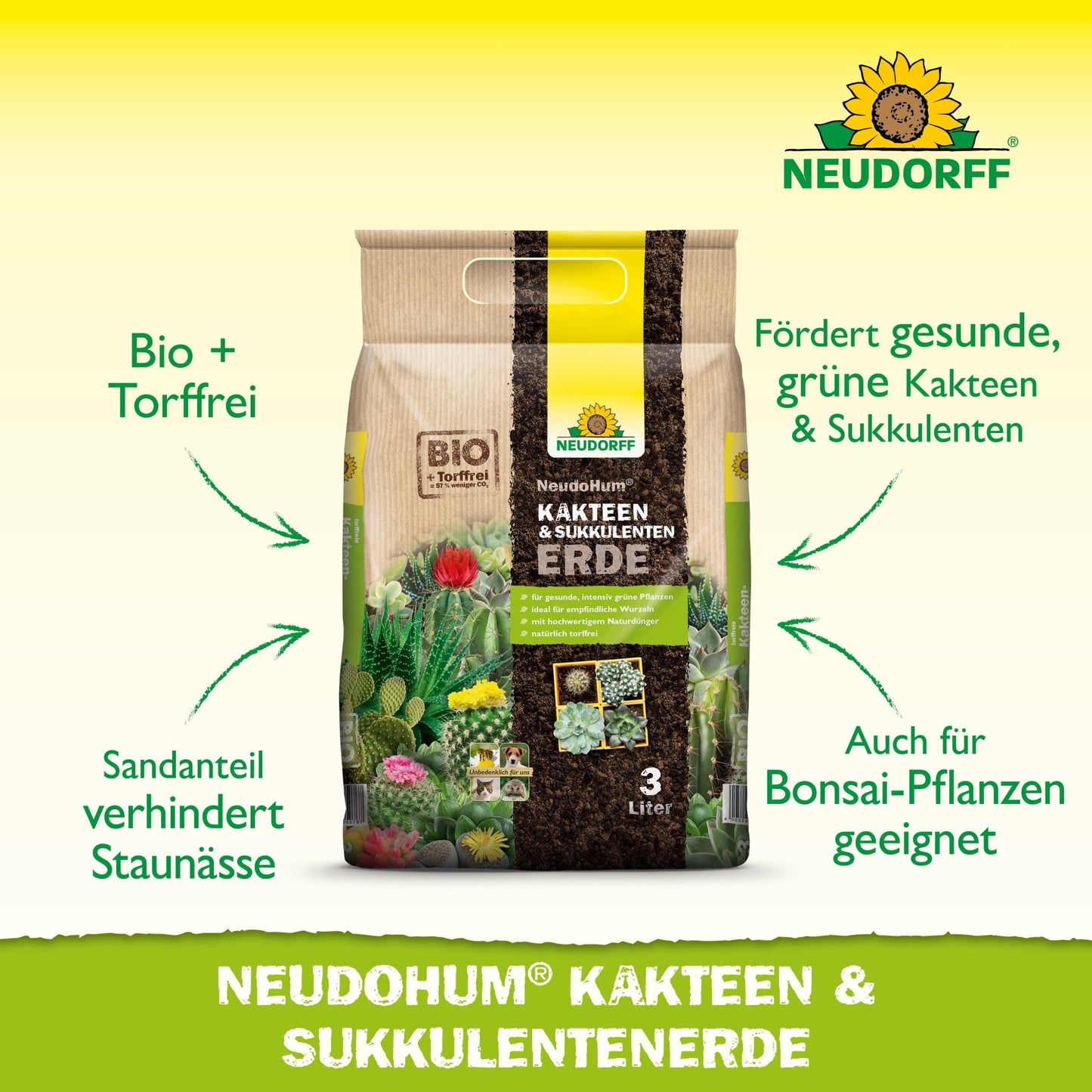 Béžové 3-litrové vrecko Neudorff Shop NeudoHum Kakteen & SukkulentenErde stojí vzpriamene. Zemina bez rašeliny zabraňuje premočeniu a je ideálna na zdravý rast kaktusov, sukulentov a bonsajov.
