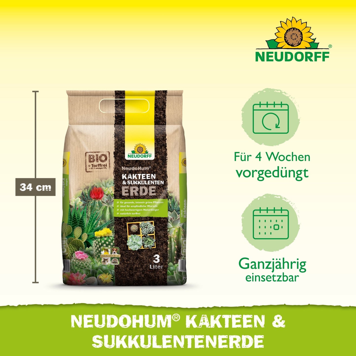 Zobrazené je 3-litrové vrecko NeudoHum Kakteen & SukkulentenErde od Neudorff Shop, vysoké 34 cm. Na obale je uvedené, že je bez rašeliny, kvalitné, predhnojené na 4 týždne a ideálne pre kaktusy a sukulenty po celý rok.