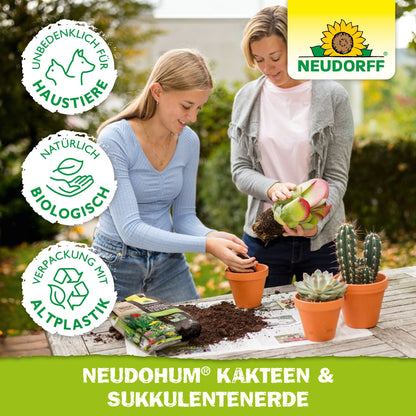 Dve ženy pri presádzaní kaktusov v oranžových kvetináčoch s kvalitnou zeminou na stole, za použitia NeudoHum Kakteen & SukkulentenErde z Neudorff Shop; vlastnosti produktu sú zobrazené v nemeckom texte a symboloch.