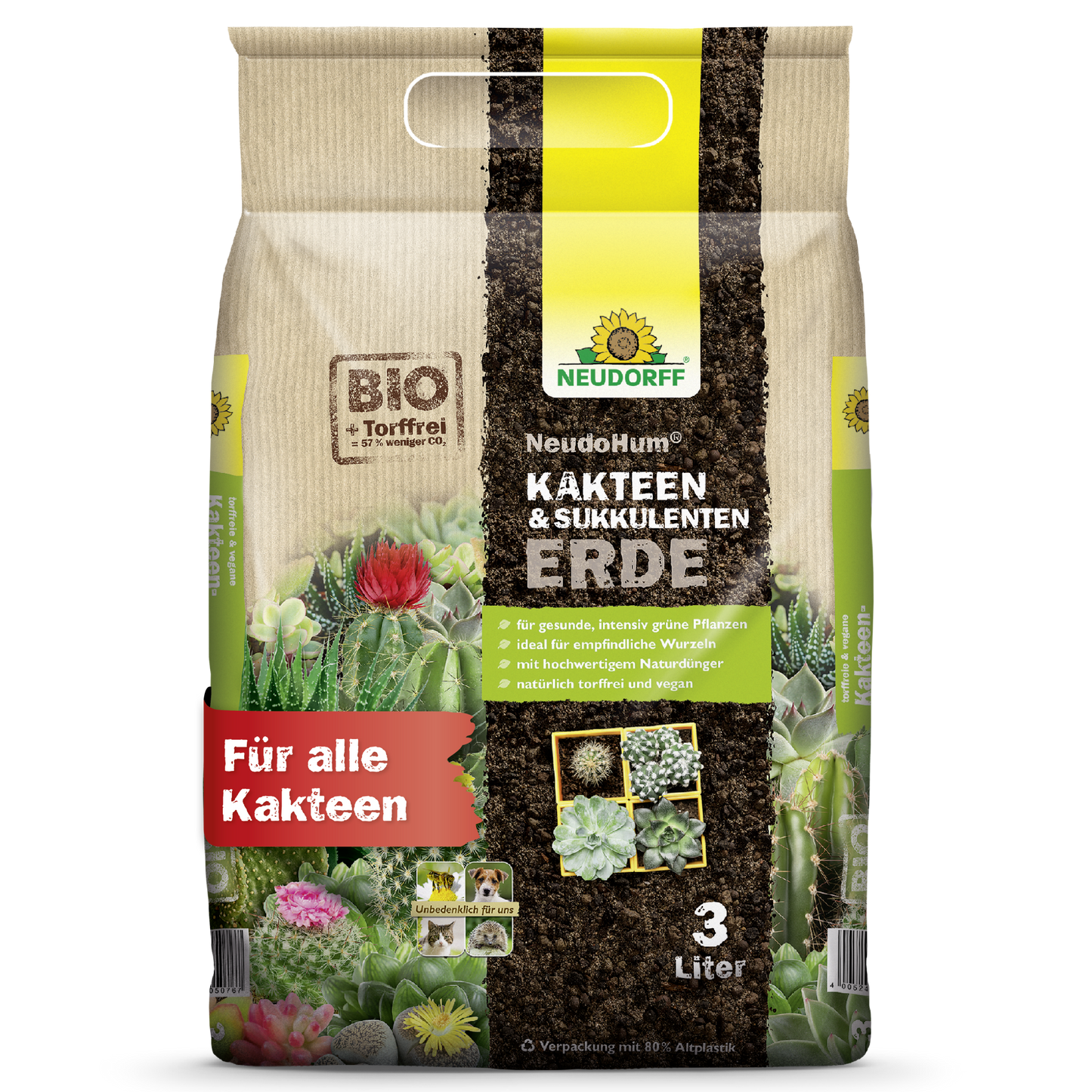 3-litrové vrecko Neudorff Shop NeudoHum Kakteen & SukkulentenErde, ideálne pre všetky kaktusy a sukulenty, v béžovom obale so zeleno-žltými akcentmi, obrázkami kaktusov a červeným textom "Pre všetky kaktusy".