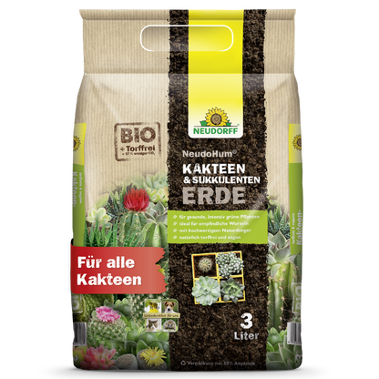 3-litrové vrecko Neudorff Shop NeudoHum Kakteen & SukkulentenErde, ideálne pre všetky kaktusy a sukulenty, v béžovom obale so zeleno-žltými akcentmi, obrázkami kaktusov a červeným textom "Pre všetky kaktusy".