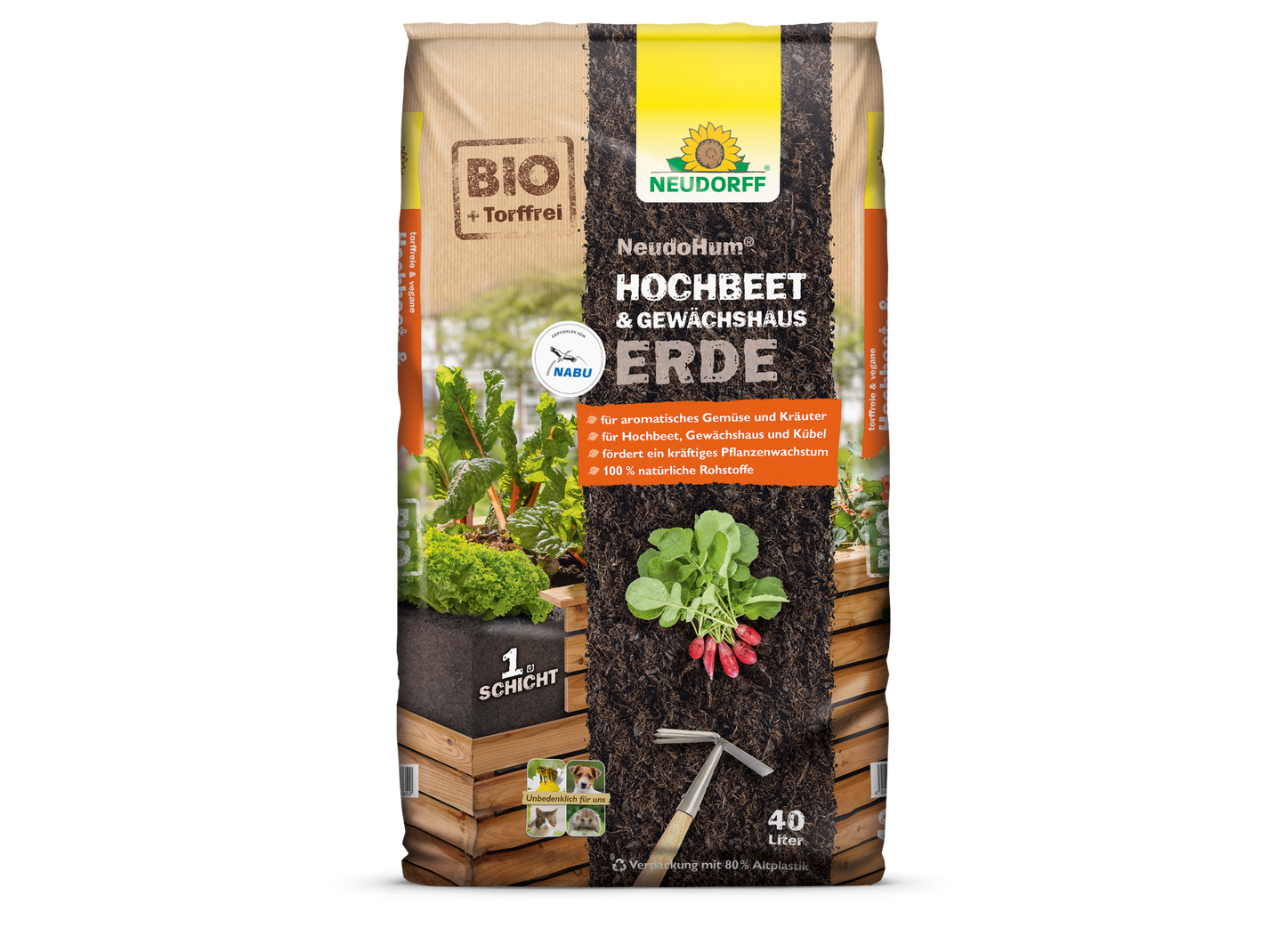 40-litrové vrece NeudoHum Hochbeet & GewächshausErde od Neudorff Shop, humusový substrát pre vyvýšené záhony a skleníky, s balením so zeleninou, bylinkami a vyvýšeným záhonom.