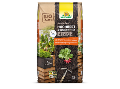 40-litrové vrece NeudoHum Hochbeet & GewächshausErde od Neudorff Shop, humusový substrát pre vyvýšené záhony a skleníky, s balením so zeleninou, bylinkami a vyvýšeným záhonom.