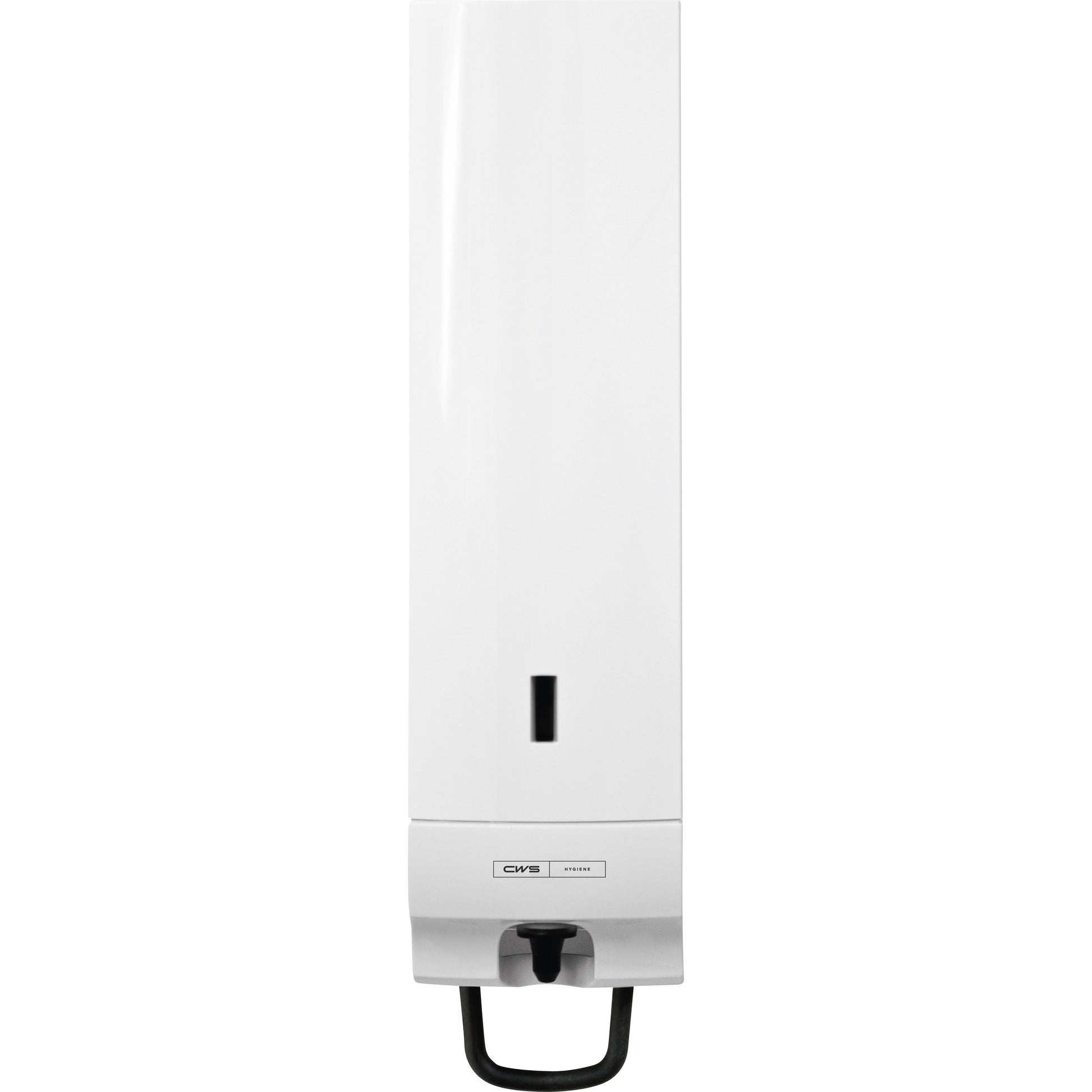 Der CWS ParadiseLine Seifenschaumspender Foam Universal inklusive Panel Weiß ist ein wandmontierter Spender mit schwarzem Drücker und Sichtfenster zur Füllstandsanzeige - ideal für hygienische Waschräume.