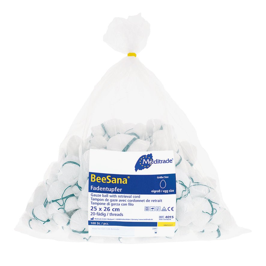 BeeSana® niťový tampón nesterilný s RöKo, 25 x 26 cm, veľkosť vajíčka, zelená niť | Balenie (1 kus)