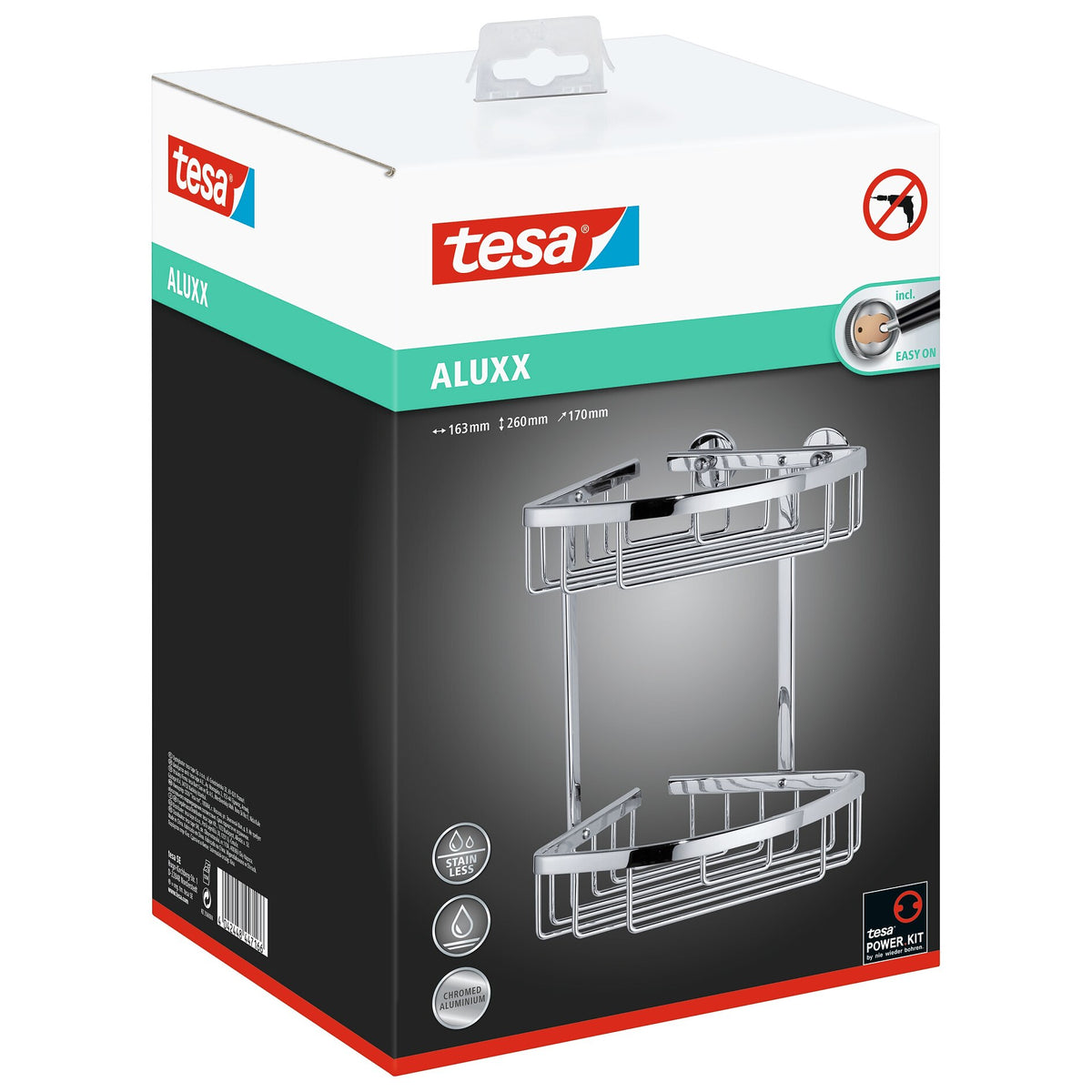 tesa ALUXX Duschablage Ecke, zweistöckig, Aluminium, verchromt, Klebelösung