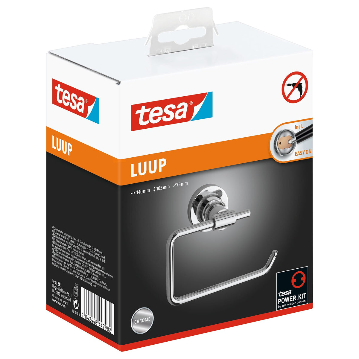 tesa Luup Toilettenpapierhalter ohne Deckel, verchromt, inkl. Klebelösung ohne Deckel