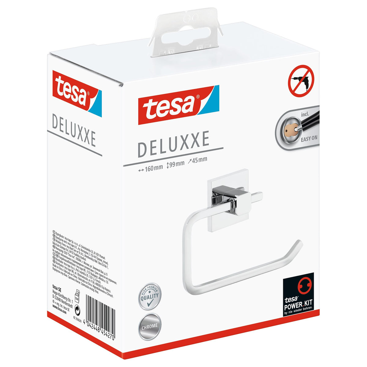 tesa DELUXXE Toilettenpapierhalter, ohne Deckel, Metall, verchromt, inkl. Klebelösung