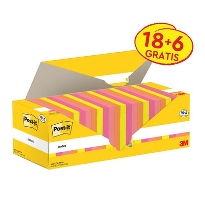Otvorená žlto-biela 3M Post-it® lepiaca poznámková krabička (76 x 76 mm, 100 listov/blok, 100% PEFC) s červeno-žltou etiketou "18+6 ZDARMA" odhaľuje pohľad na stoh ružových, žltých a oranžových pruhovaných lepiacich poznámok. Značka: 3M Deutschland GmbH.