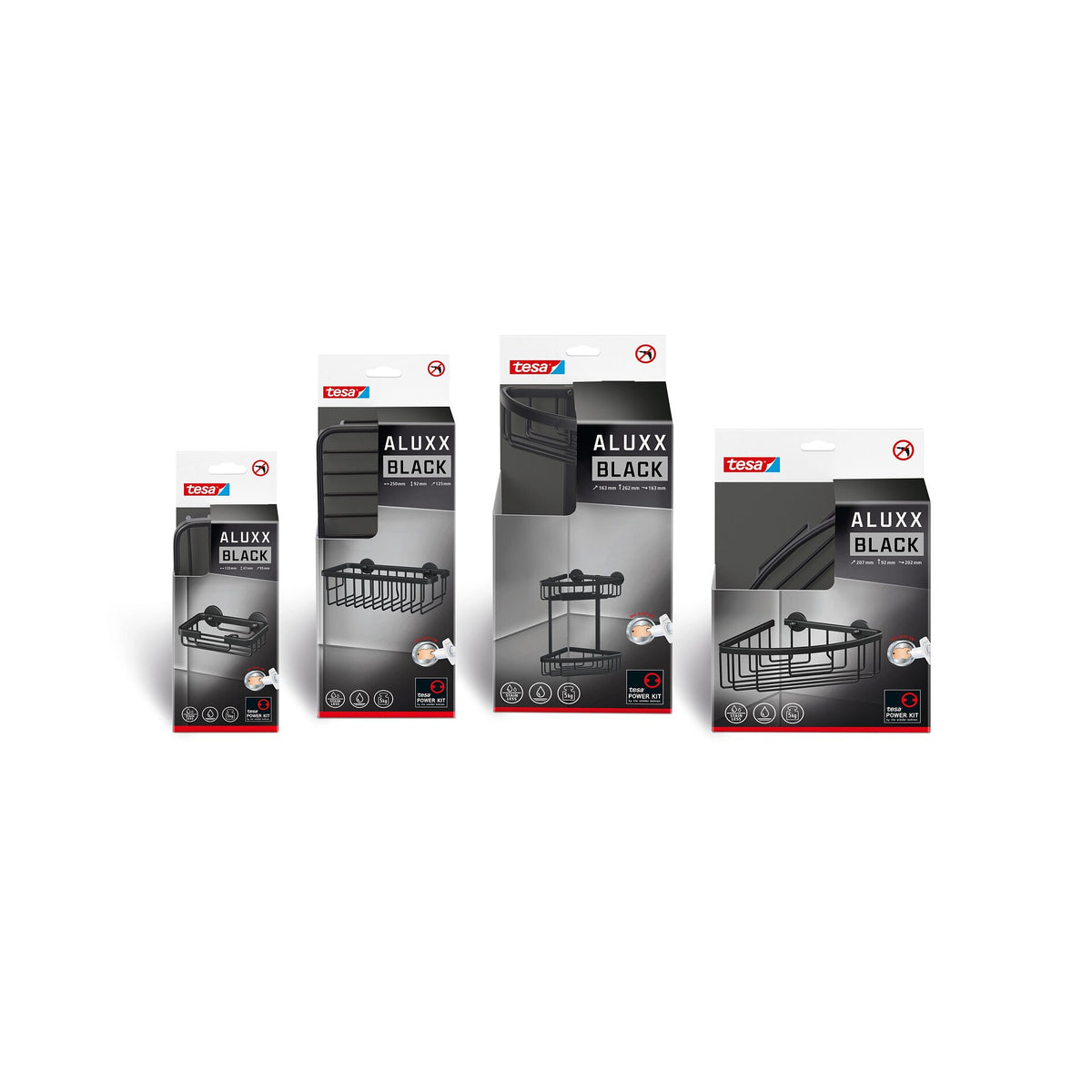 tesa ALUXX BLACK Seifenkorb, mattschwarz, für Dusche und Badewanne – Sortiment