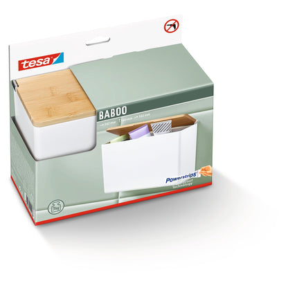 tesa BABOO Aufbewahrungsbox extra groß, mit Bambusdeckel und Trennwand, zusätzlicher Stauraum für das Badezimmer, weiß