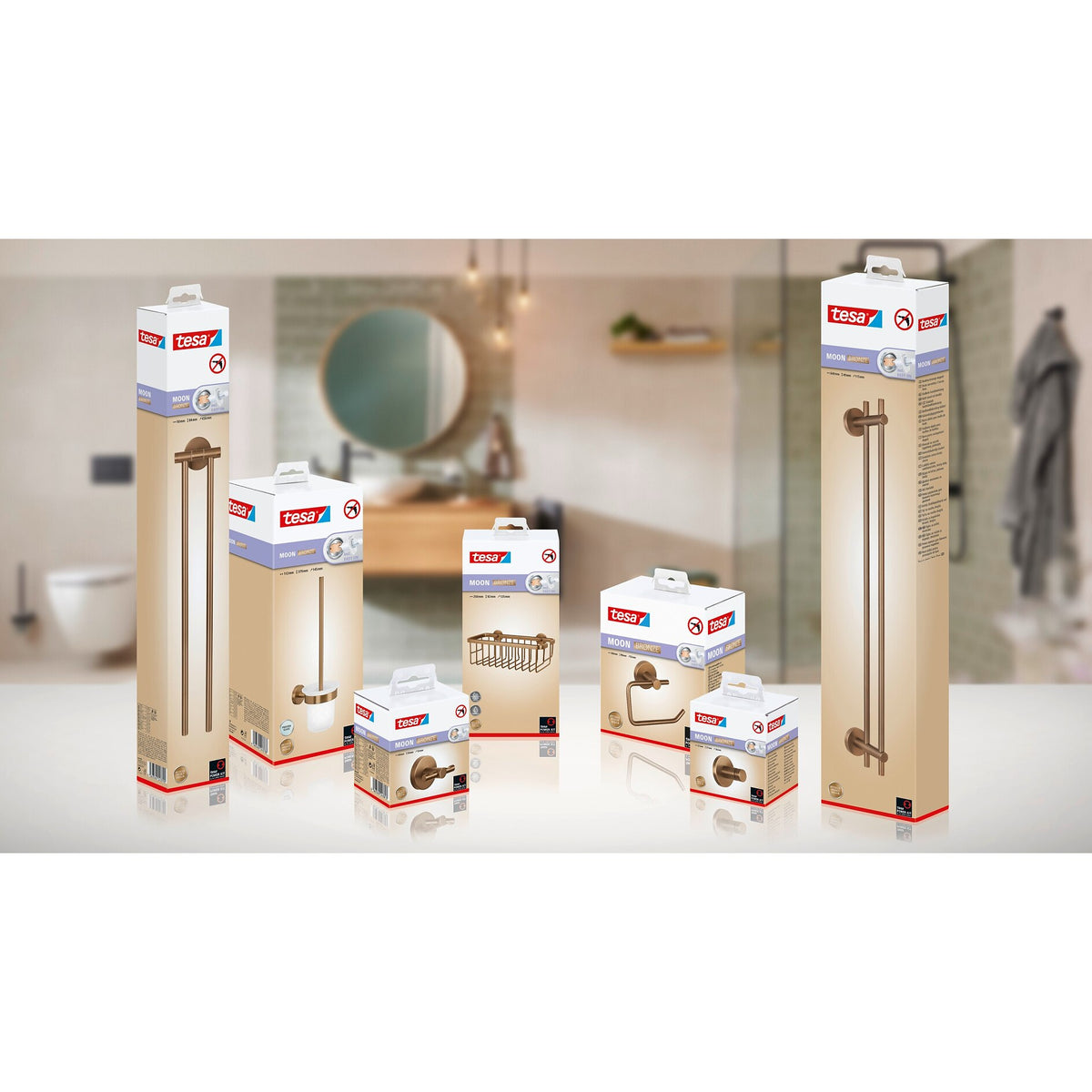 tesa MOON Bronze Duschkorb einzeln, selbstklebend, Metall PVD beschichtet – Sortiment