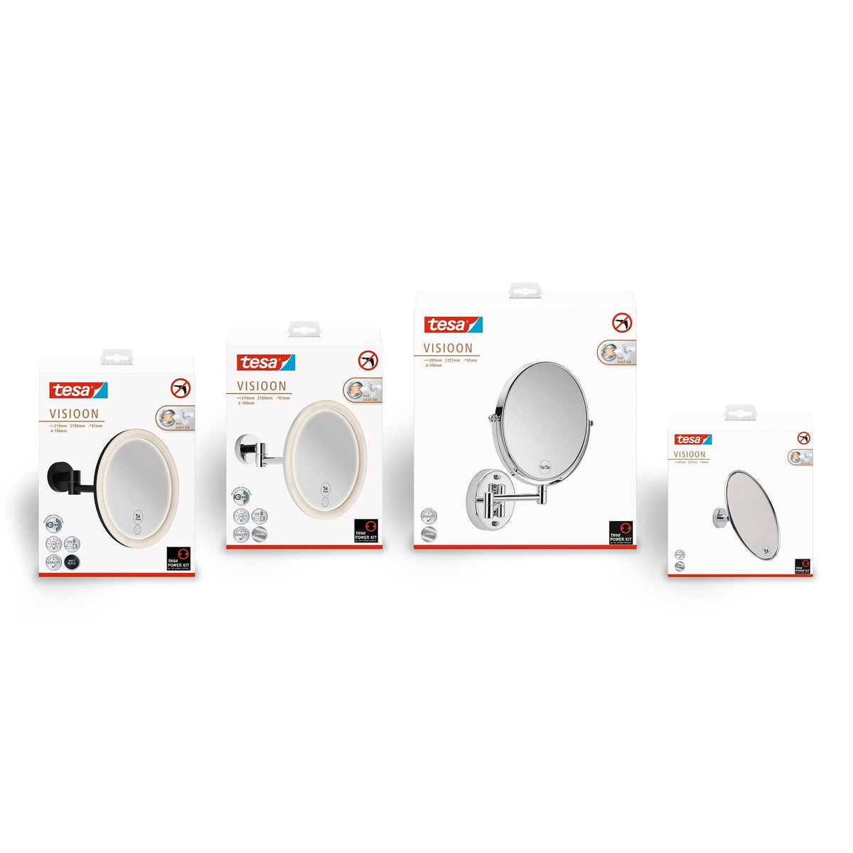 tesa VISIOON LED-Kosmetikspiegel Schwenkarm, selbstklebend, mattschwarz pulverbeschichtetes Metall, mattschwarzer Kunststoff – Sortiment