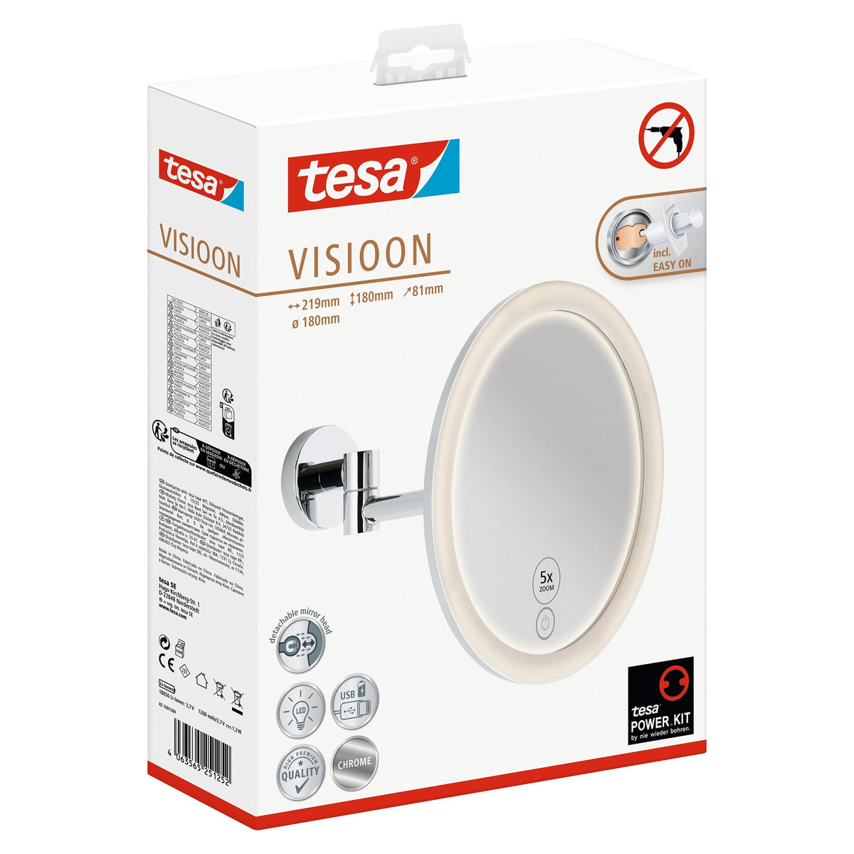 tesa VISIOON LED-Kosmetikspiegel Schwenkarm, selbstklebend, Metall verchromt, chromfarbener Kunststoff