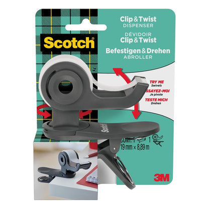 Klip & Twist lepiaca páska Scotch™ C19 od spoločnosti 3M Deutschland GmbH je zobrazená v balení s rolkou neviditeľnej lepiacej pásky Scotch® Magic™ (19 mm × 8,89 m), ktorá je pripevnená k okraju stola. Branding a pokyny na použitie sú viditeľné.
