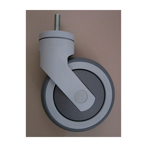 Jedno náhradné koleso Protect Trolley od Diversey Deutschland GmbH & Co. OHG, sivé so závitovým kolíkom, stojí vertikálne na jednoduchom, svetlohnedom pozadí. Balenie obsahuje 1 kus.