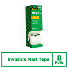 Abgebildet ist eine grüne Schachtel Scotch® Magic™ Unsichtbares Klebeband, Vorteilspack 8 Rollen (19 mm x 33 m) der 3M Deutschland GmbH mit einem karierten Design, dem Text "Invisible Matt Tape" und dem 3M-Logo unten rechts.