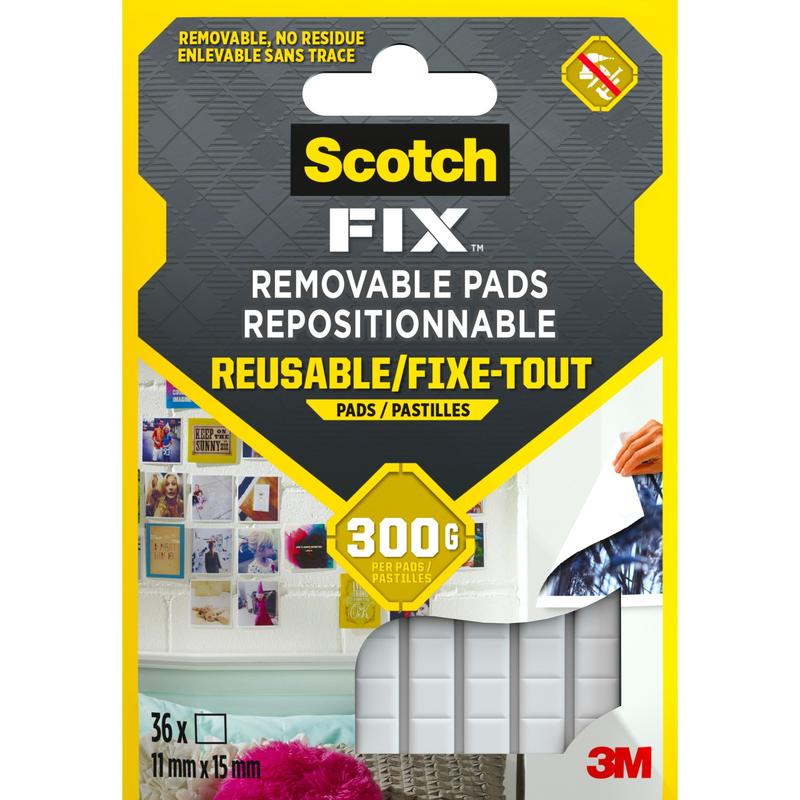 Balenie 36 odnímateľných lepiacich podložiek Scotch-FIX™ 301008C36-P od spoločnosti 3M Deutschland GmbH, opakovane použiteľné a silné, každá podložka má veľkosť 11 mm x 15 mm, udrží až 300 g. Balenie zobrazuje príklady použitia.