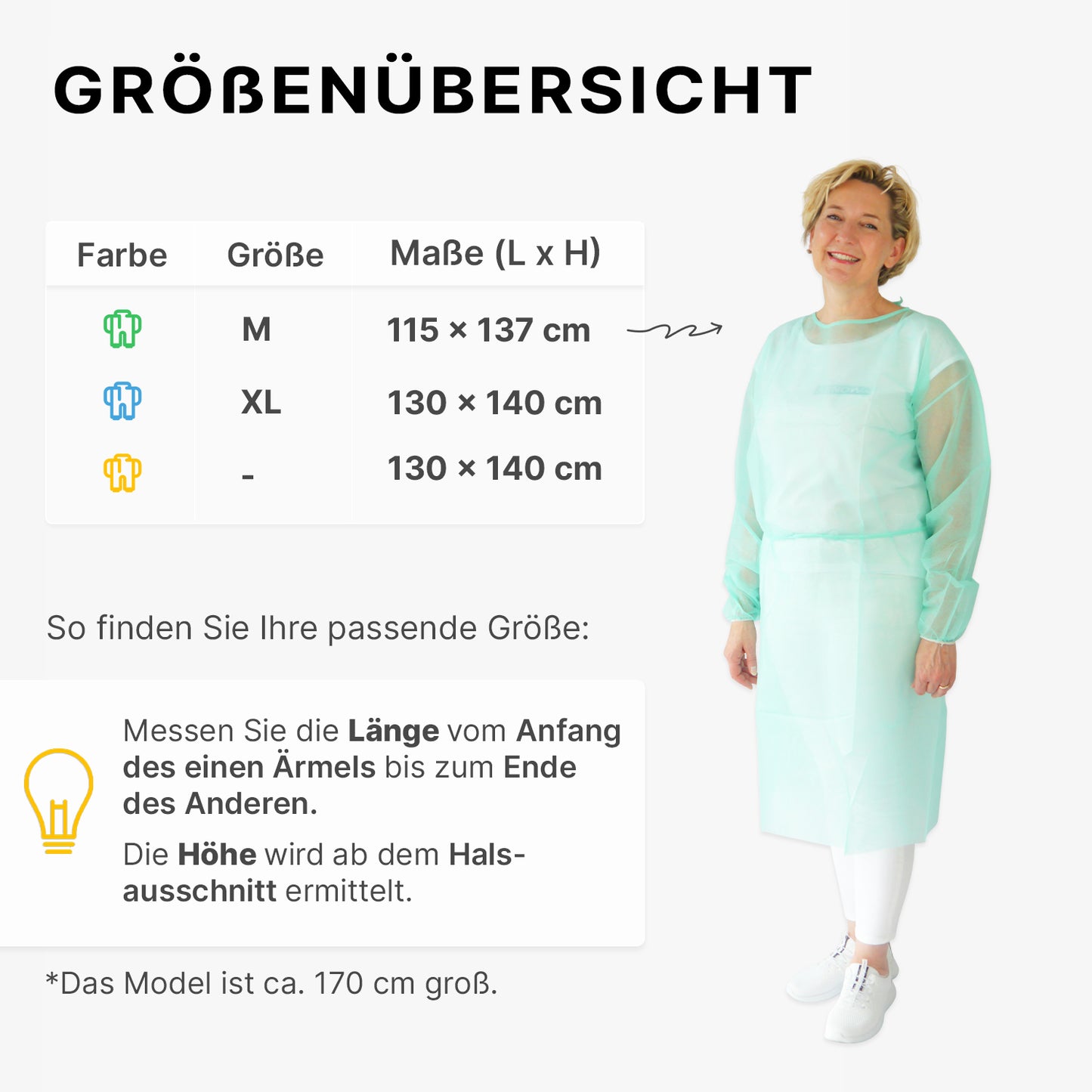 Žena v svetlozelenom ARNOMED PROTECT PP-CHRÁNIČ JEDNORÁZOVOM ochrannom plášti z PP-vlákna od ARNOWA GmbH stojí vedľa tabuľky veľkostí s farbami plášťov, veľkosťami M, XL, -, ich rozmermi v cm a návodom na meranie dĺžky a veľkosti.