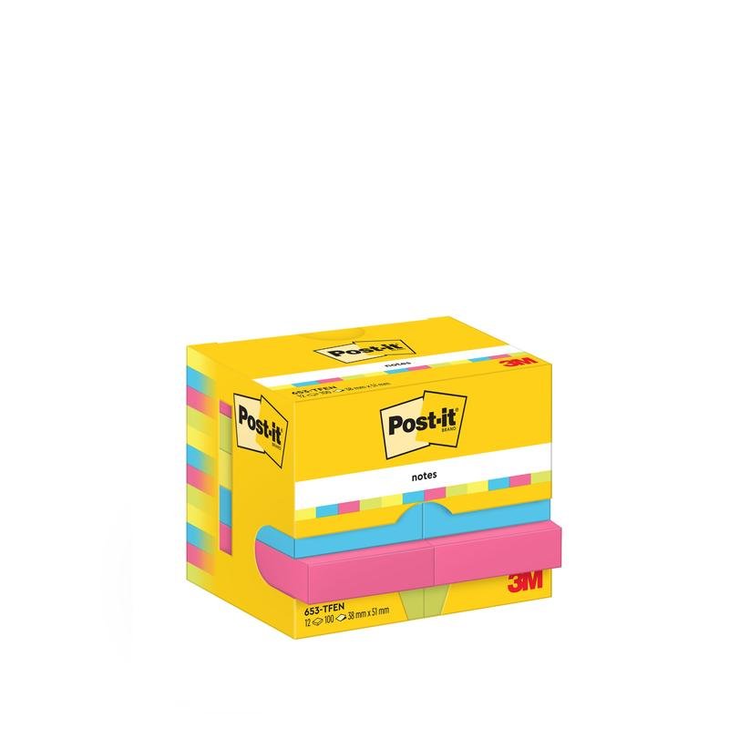 12-balenie Post-it® Notes (38 x 51 mm, Energetic Collection) od 3M Deutschland GmbH so 100 listami na blok, v žltej ekologickej krabici (100% PEFC), ideálne pre kancelársku organizáciu - farebné a jasne označené.