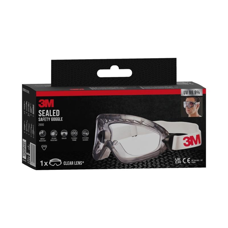 Škatuľa 3M™ ochranných okuliarov 2890, zapečatená, s čírym sklom od 3M Deutschland GmbH s funkciou proti zahmlievaniu, bielym nastaviteľným pásom, UV 99,9% ochranou a produktovou fotografiou na obale.