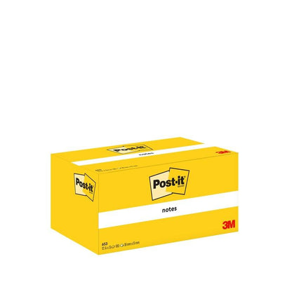 Žltá škatuľa Post-it® Notes (38 x 51 mm, 100 listov/blok, 12 blokov/balenie) od 3M Deutschland GmbH, označená logom Post-it a červeným 3M logom "notes". Ideálne pre kancelársku potrebu v PEFC-certifikovanom kartónovom balení.