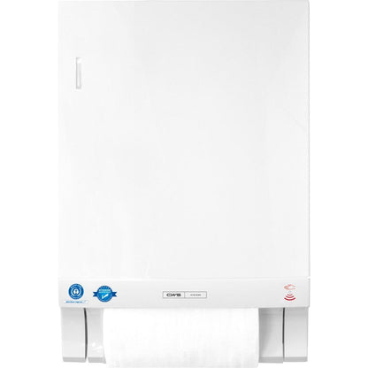 CWS ParadiseLine textilný zásobník na uteráky Dry Slim Non-Touch, vrátane bieleho panelu, je biely nástenný zásobník, ktorý ponúka hygienické, bezdotykové vydávanie uterákov; rolka sa čiastočne vydáva na spodku.