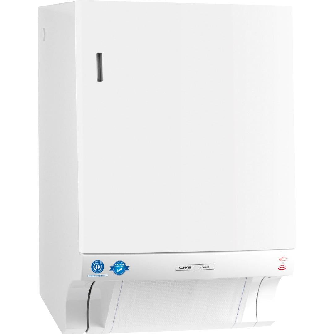 CWS ParadiseLine textilný zásobník na uteráky Dry Slim Non-Touch, vrátane bieleho panelu, zabezpečuje vďaka bezdotykovej obsluhe hygienické vydávanie uterákov.